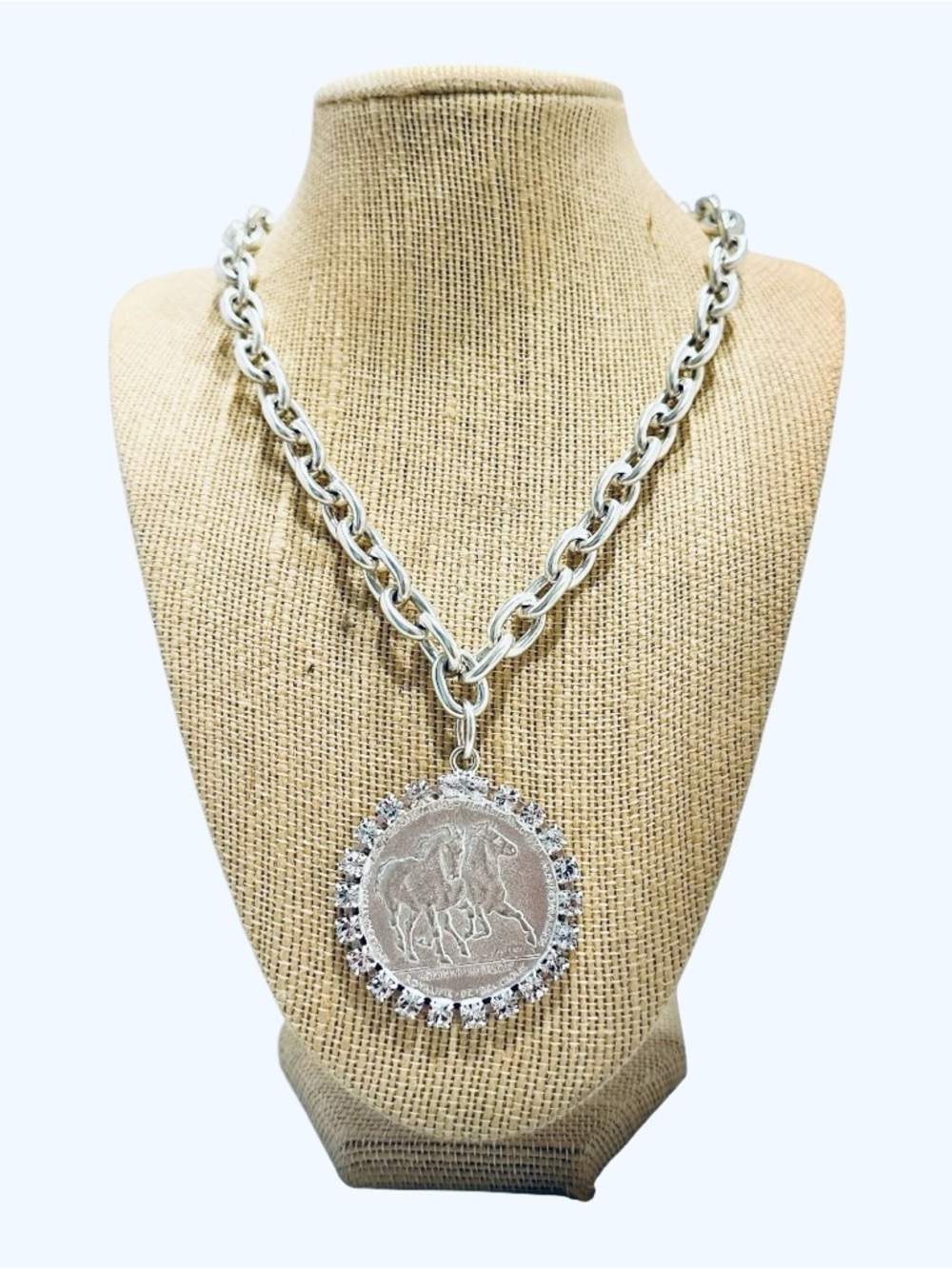 Yochi Silver-Tone Two Horses Coin Pendant Chain Necklace - Women Jewelry